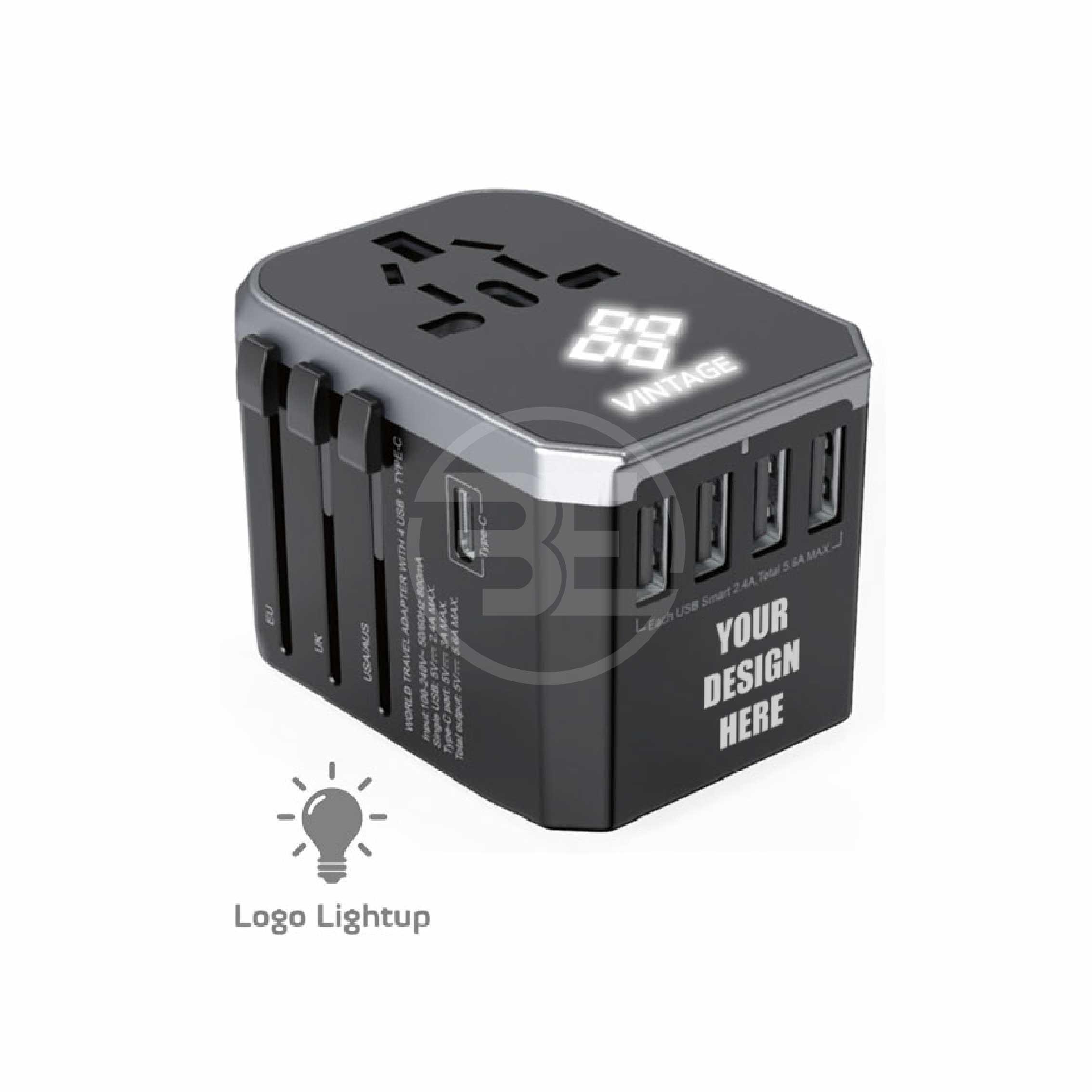 Universal Travel Adapter With Light Up Logo & Type-C Usb